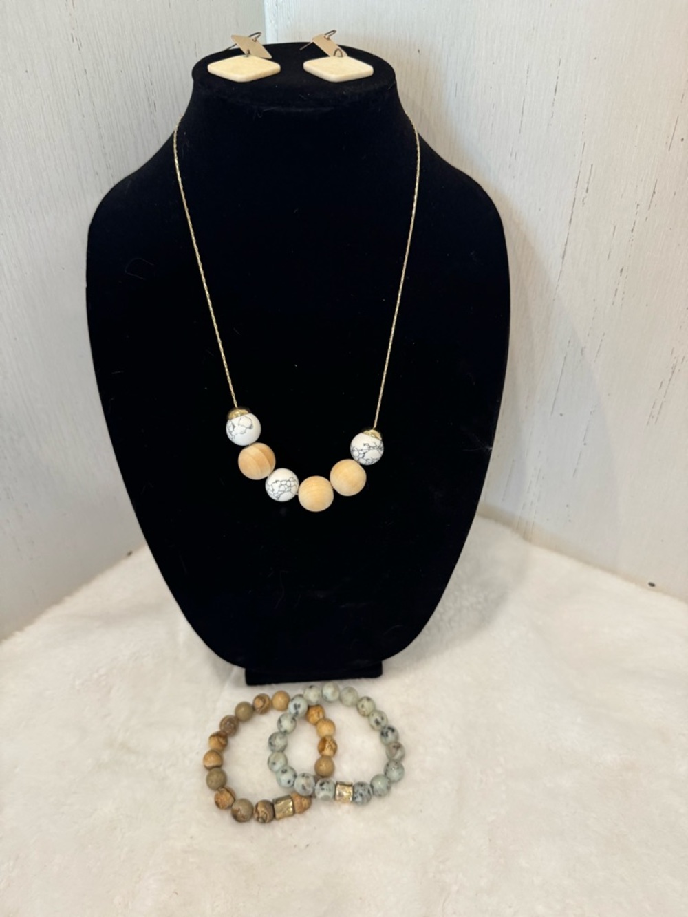 Boho Tan, Cream, Gray Stone Bead Necklace, Earrings and Bead stretch bracelets